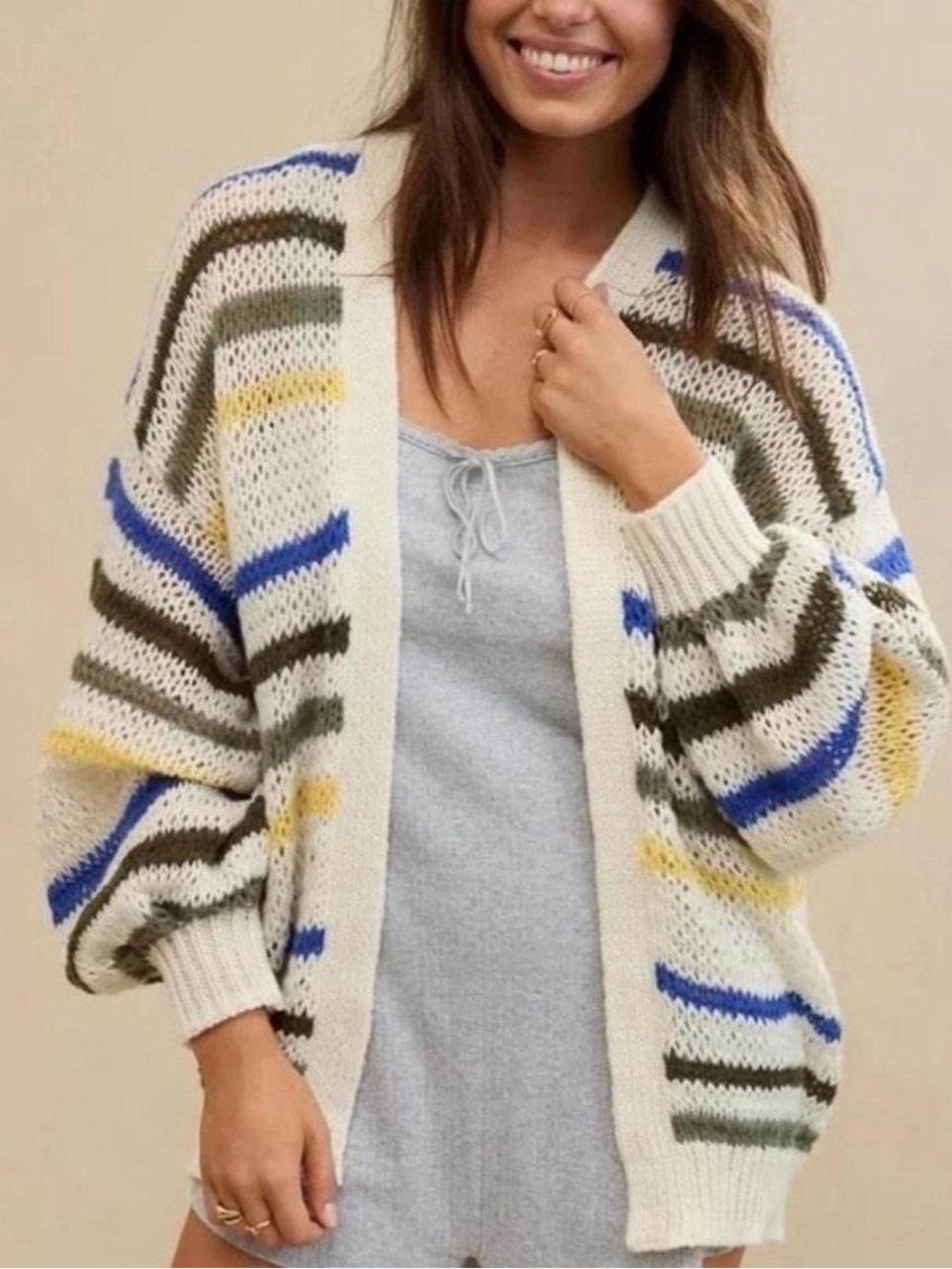 aerie Cream Open-Front Cardigan with Blue, Olive & Yellow Stripes